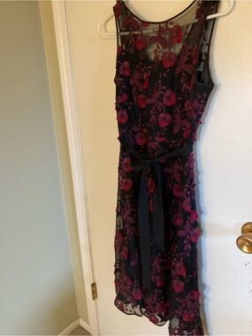 White House Black Market Black Midi Dress with Magenta Floral Embroidery